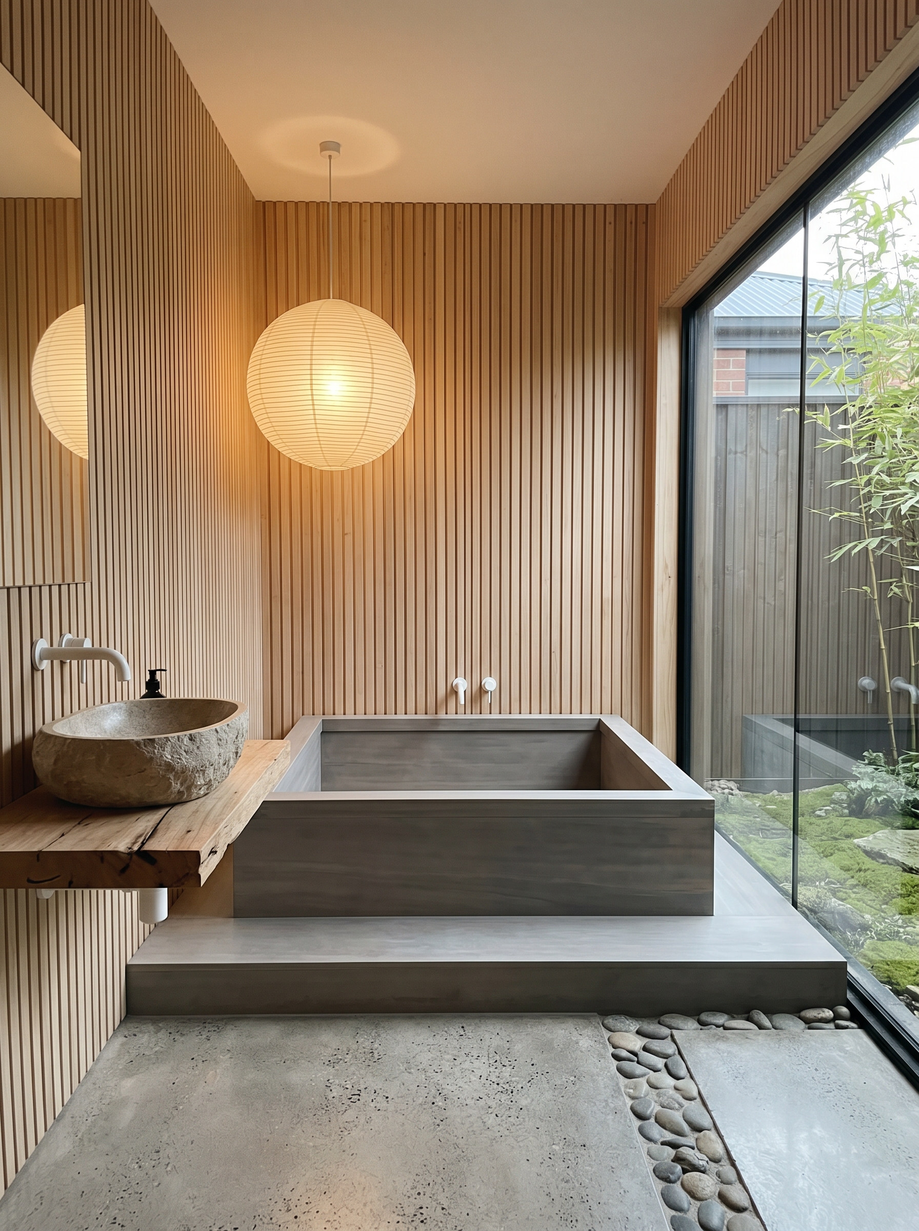 Double-vanity bathroom with warm wood cabinets, vessel sinks, and brushed brass faucets